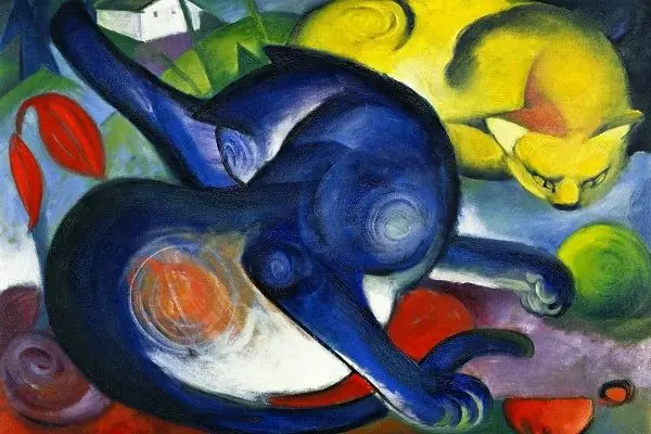 Dua kucing, biru dan kuning (1912). Artis Franz Marc